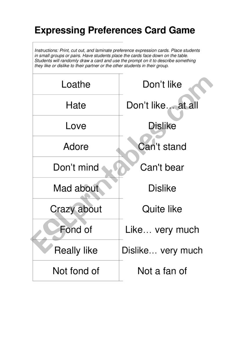 Expressing preferences worksheet