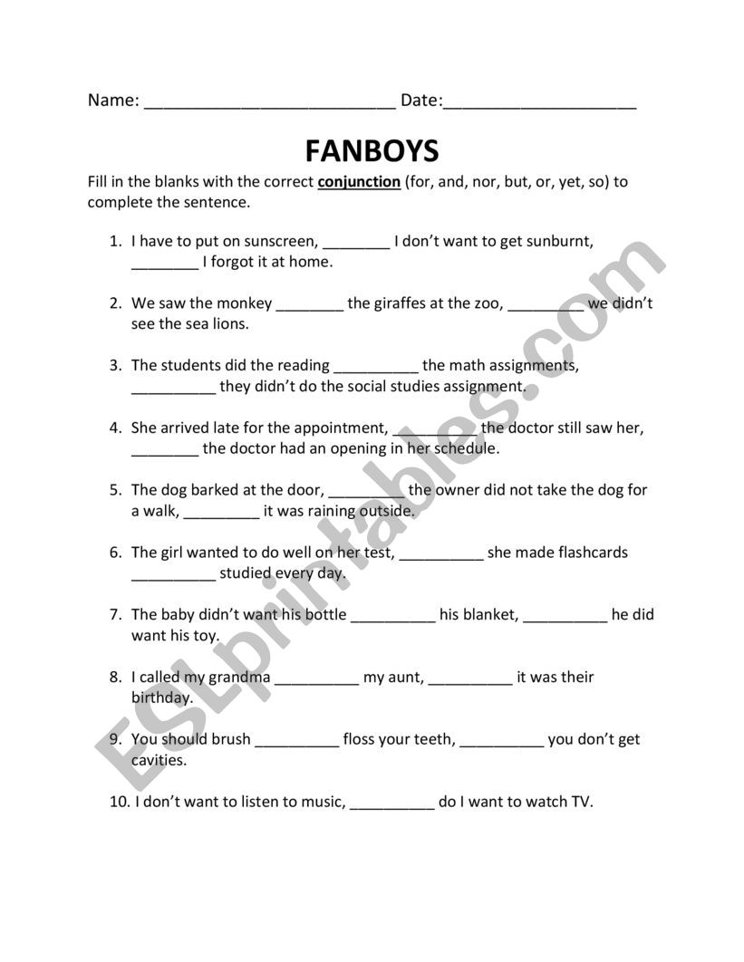 Conjunctions - Fanboys Chart - ESL worksheet by hcarbonneau
