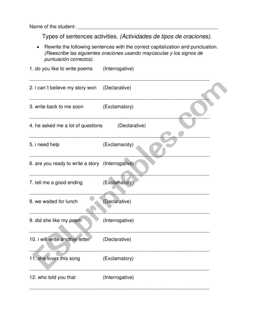Types of sentences worksheet