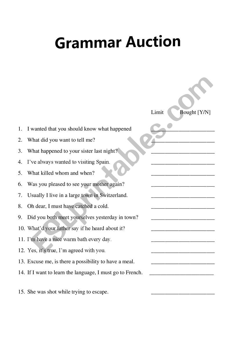 Grammar Auction Worksheet worksheet