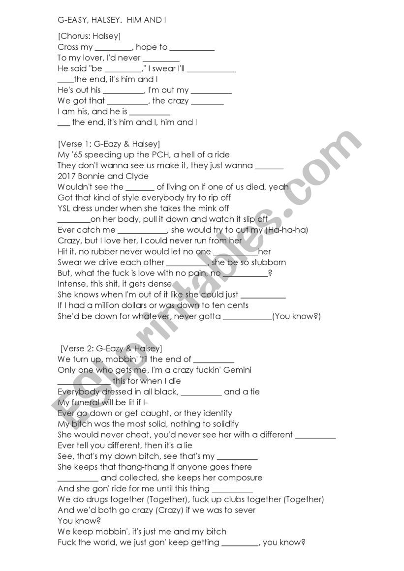 song worksheet Halsey Him and I