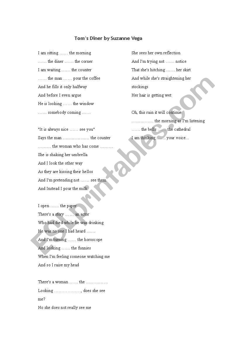 Toms Diner by Suzanne Vega worksheet