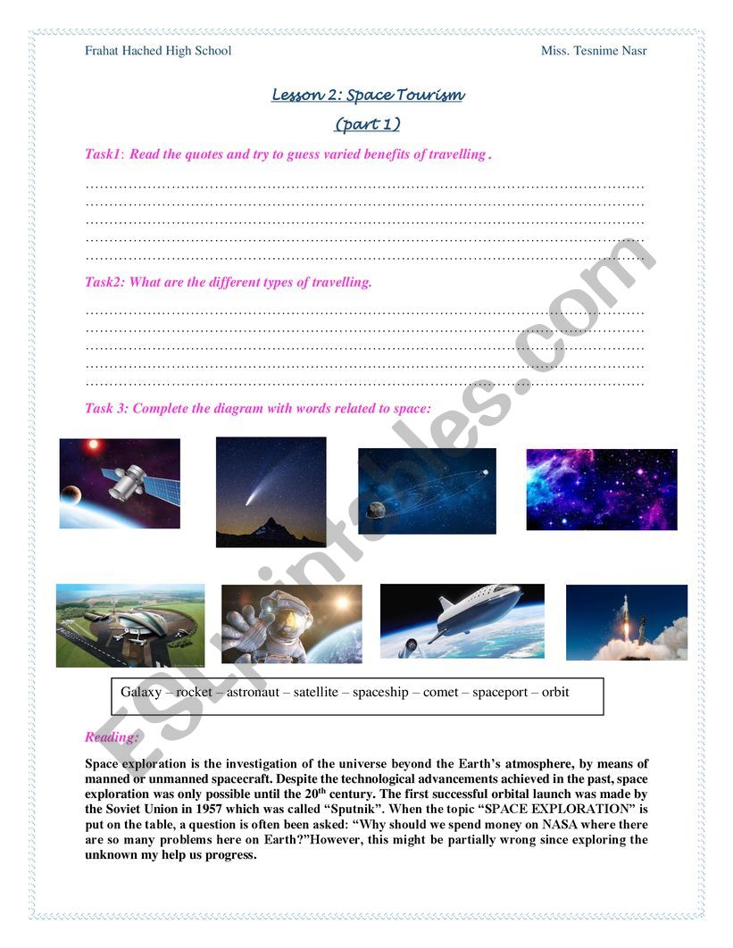 space tourism  worksheet