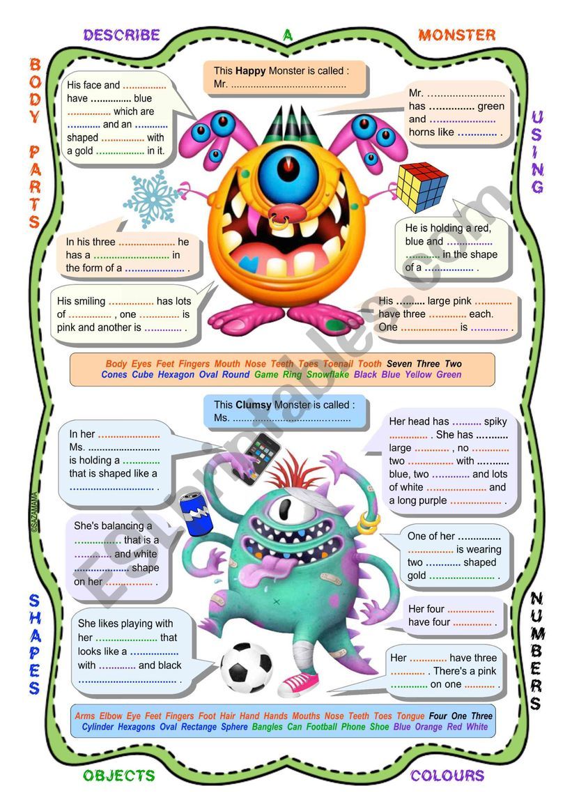Describe A Monster (gap fill ) Test: Using Body Parts, Shapes, Objects,  Colours and Numbers - ESL worksheet by sazamama