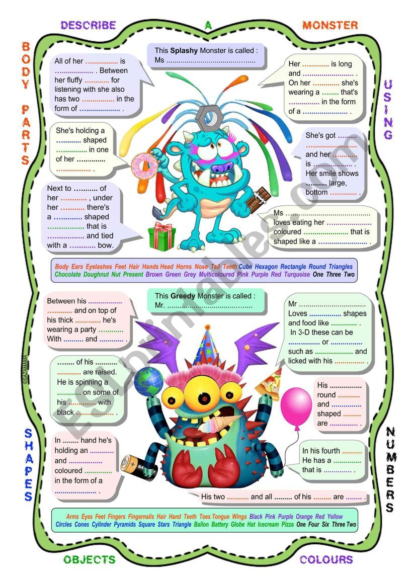 Describe Another Monster (gap fill ) Test: Using Body Parts, Shapes, Objects, Colours and Numbers