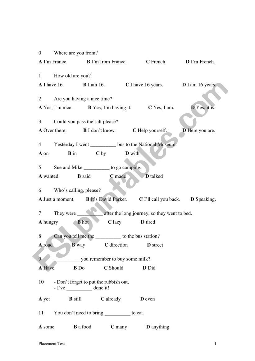 placement test worksheet