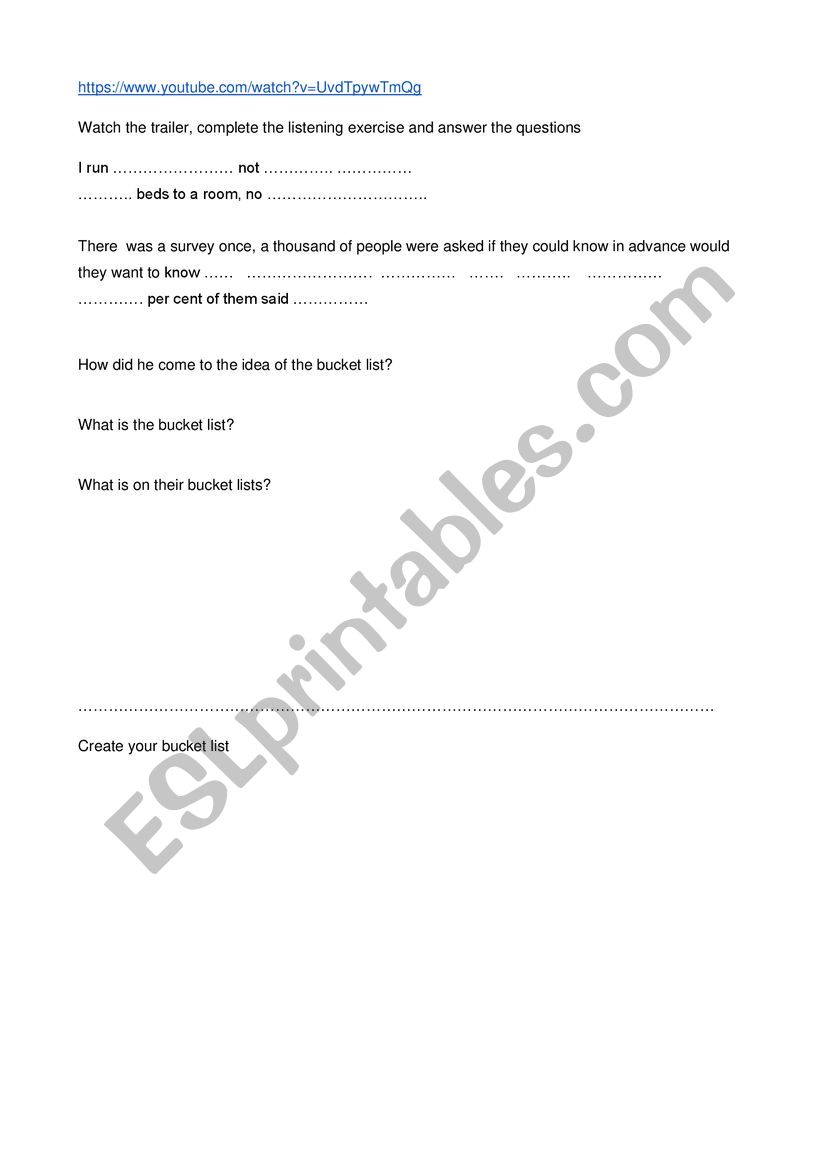 Bucket list worksheet