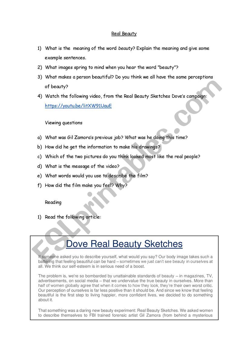 Real Beauty worksheet