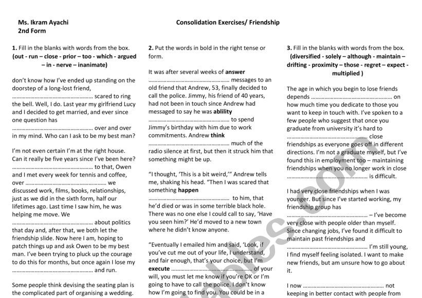 2nd Form - Lesson n° 3 - Friendship - Consolidation Exercises