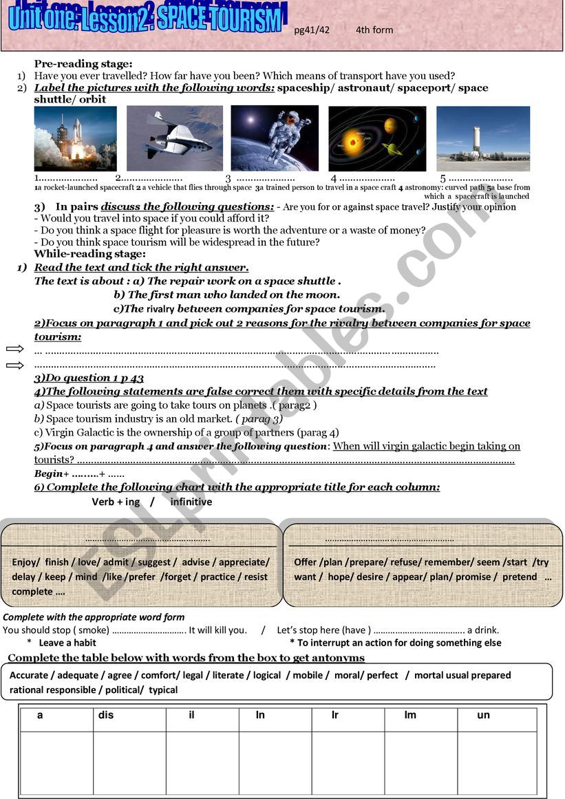 Space Tourism worksheet