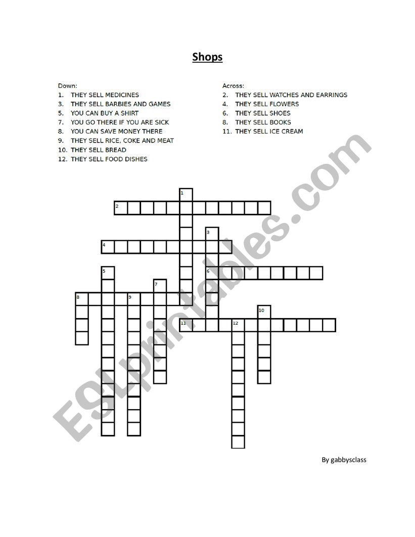shops crossword worksheet