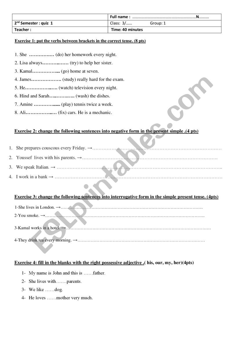 Grammar simple present quiz worksheet