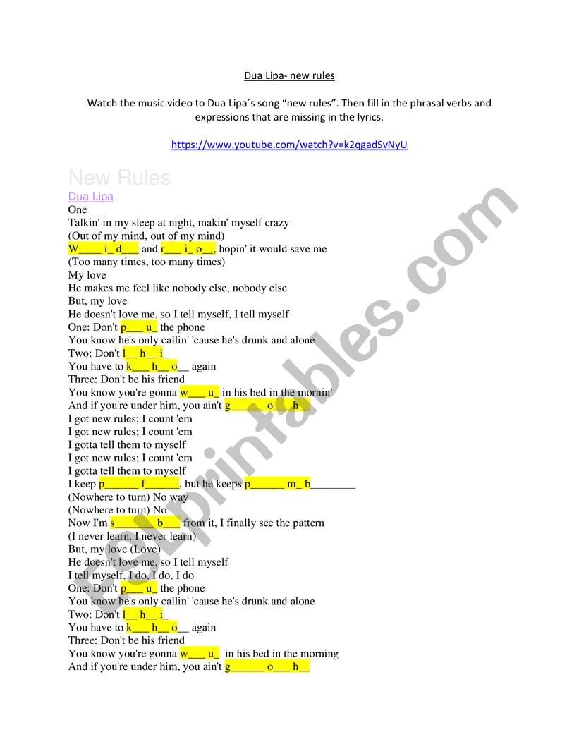Dua Lipa- New Rules. Phrasal Verbs 