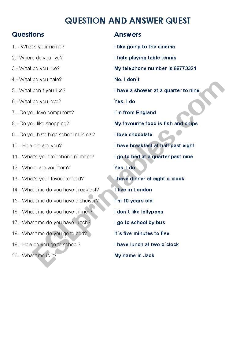Questions and answers quest worksheet