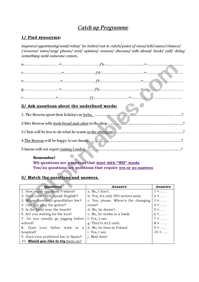 Catch up programme 9th forms worksheet