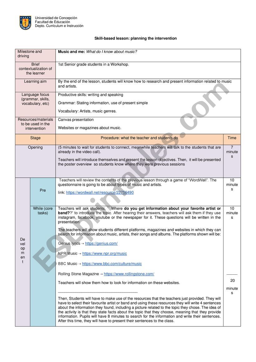 Lesson plan - Discussion about music