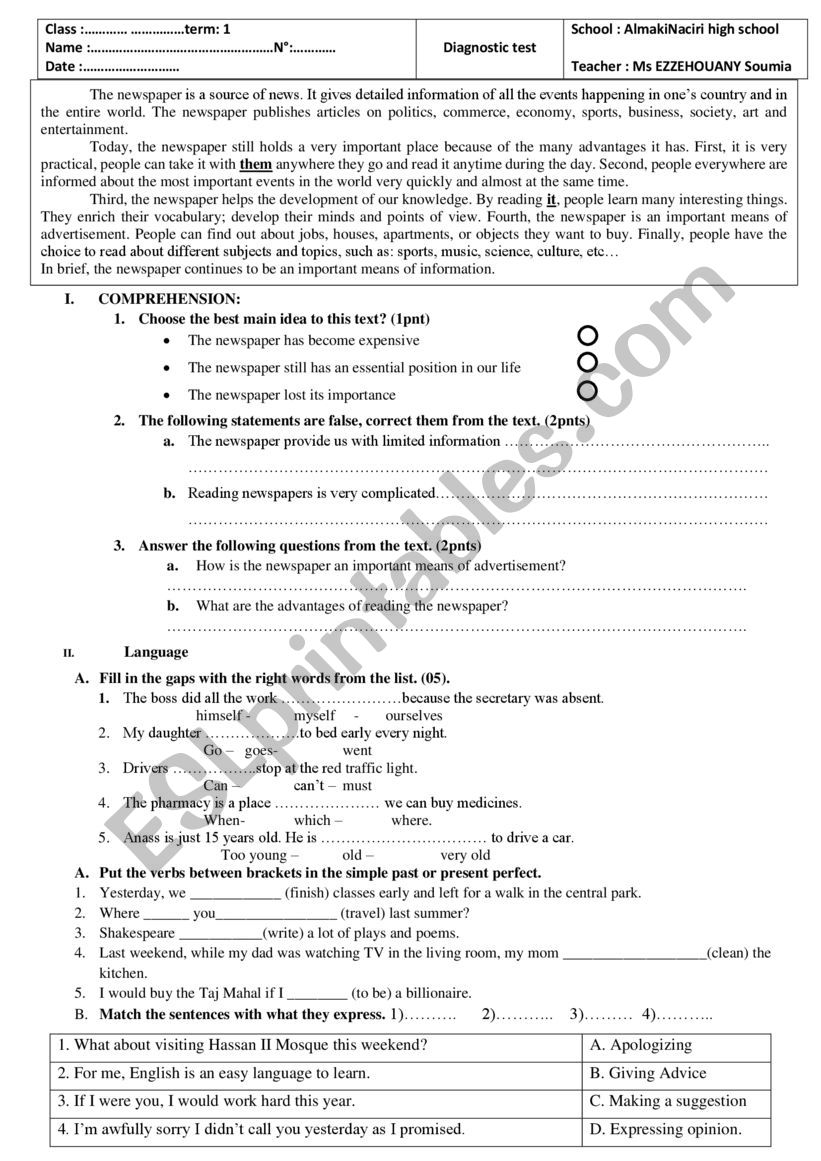 diagnostic test  worksheet