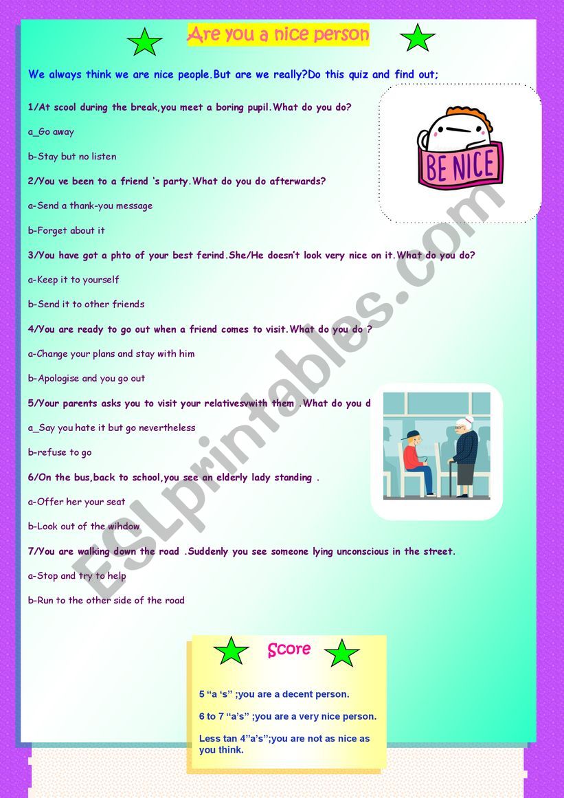 Qiuz ;Are you a nice person? worksheet