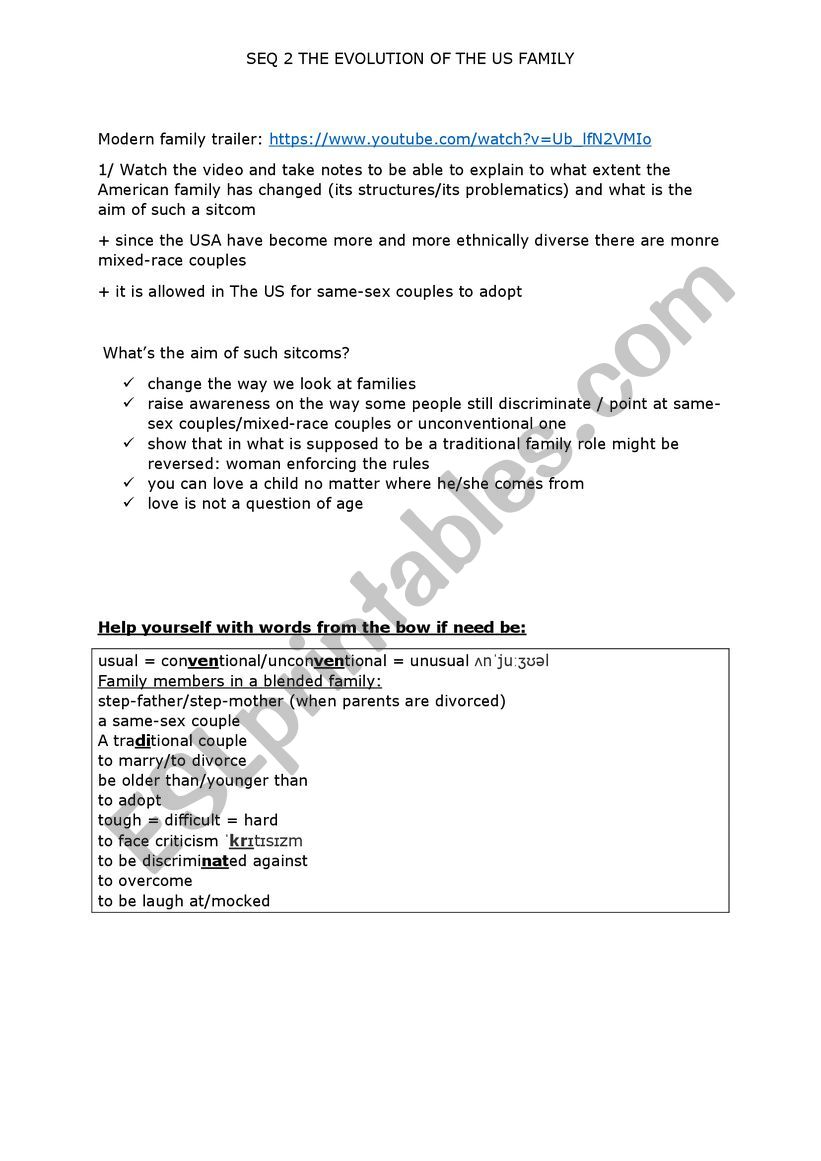 Modern family trailer worksheet