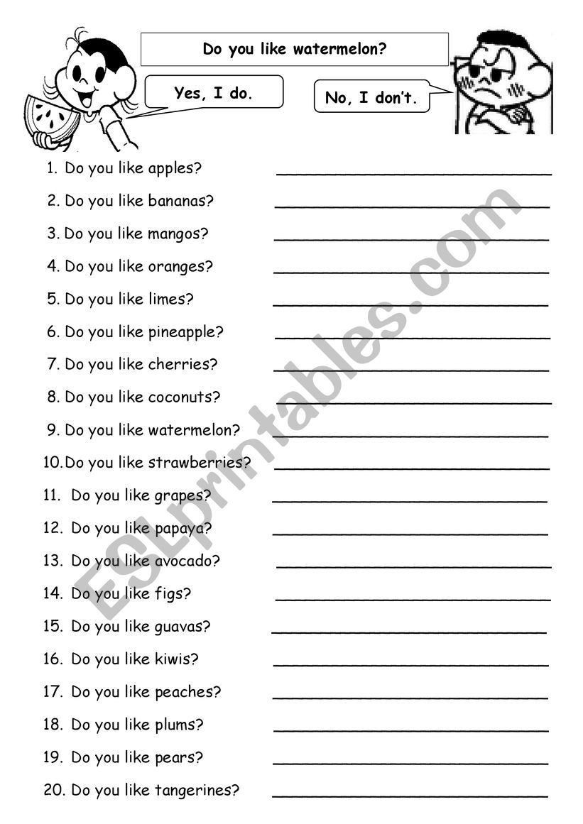 Fruits likes and dislikes. worksheet