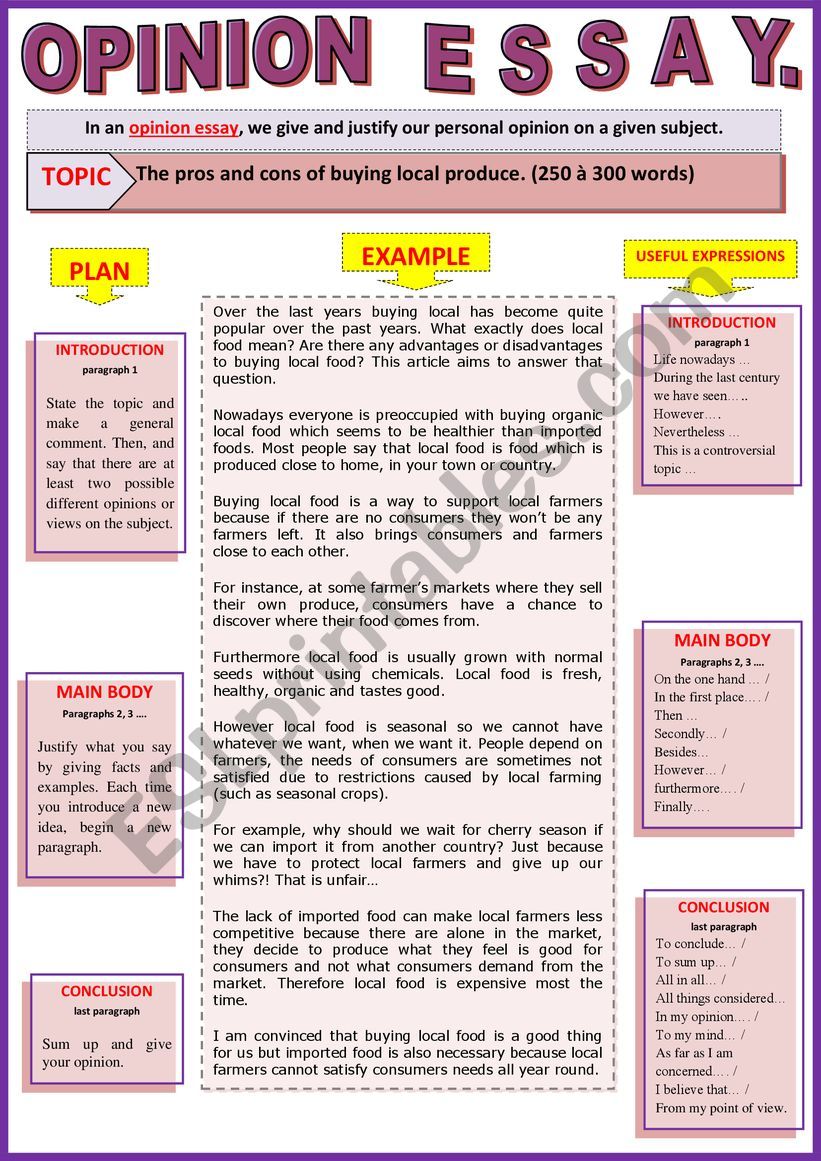 Opinion essay - The pros and cons of buying local produce - Guided writing + Example.