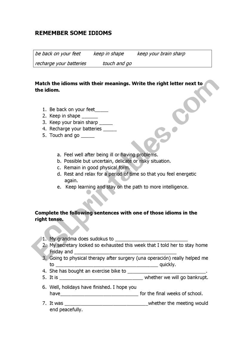 REMEMBER SOME IDIOMS worksheet