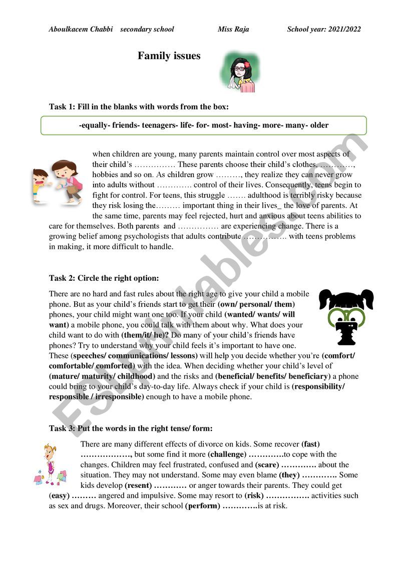 Family issues worksheet