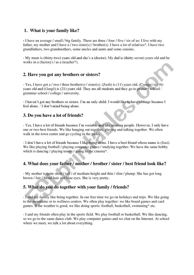 Family worksheet