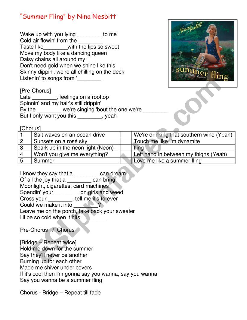 Summer fling by Nina Nesbitt worksheet