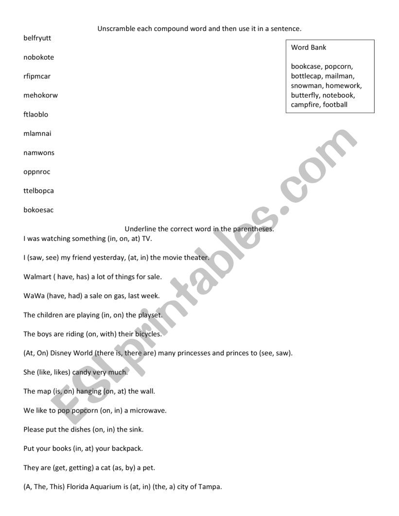 Compound Words + At, On, IN worksheet