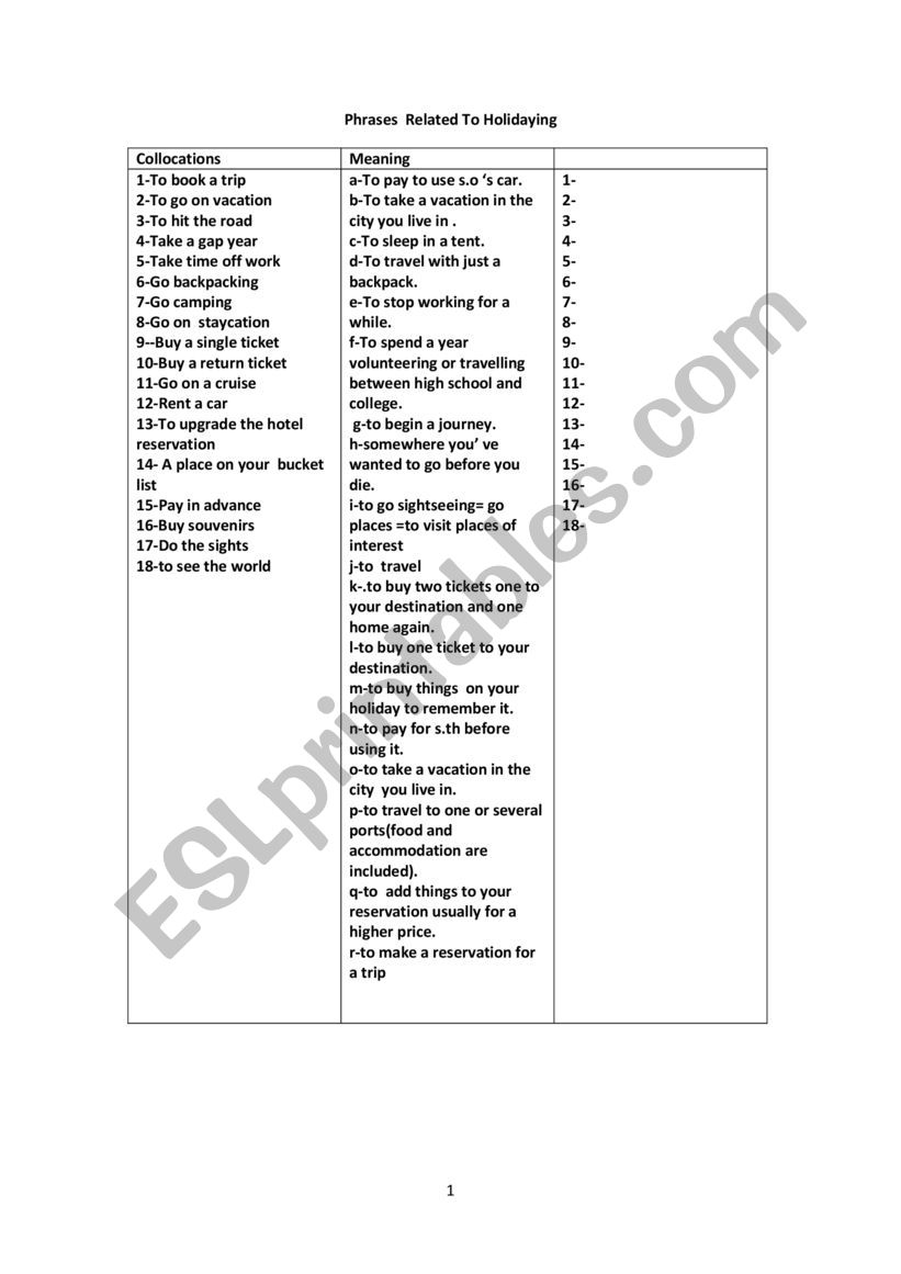 holiday collocations worksheet