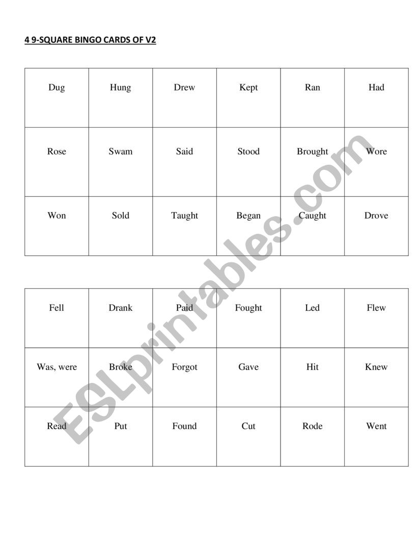 Irregular Verbs Bingo worksheet