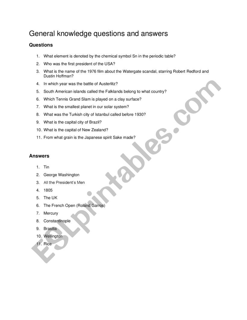 Quiz questions  worksheet