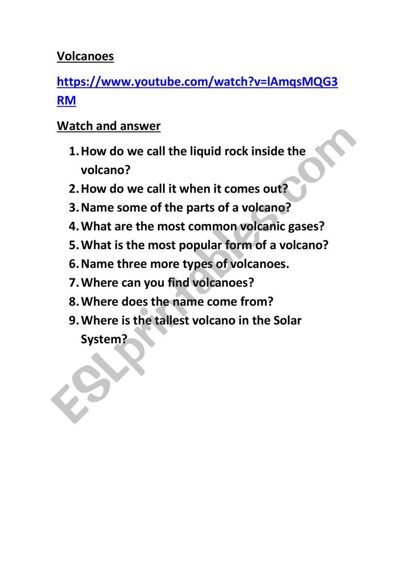 Volcanoes worksheet