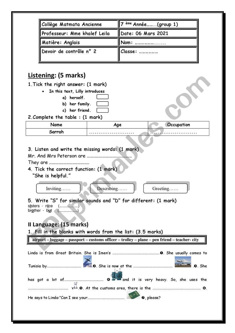 7th form test worksheet