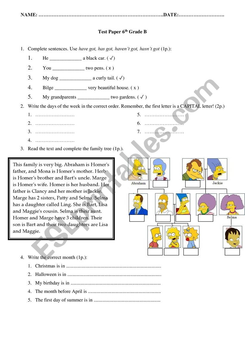 Initial Test 6th Grade worksheet