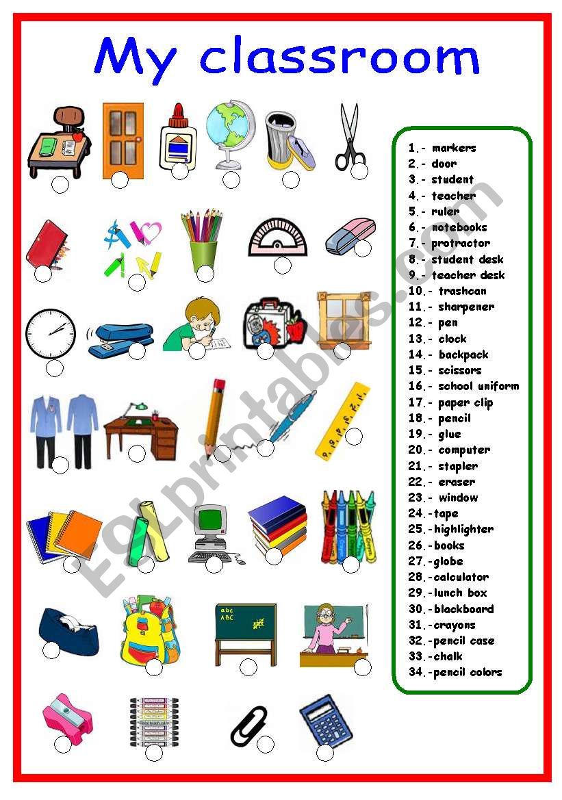 Classroom objects and school supplies