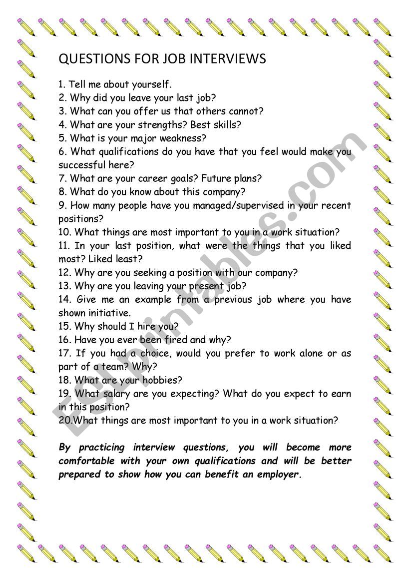 Questions for Job Interviews worksheet