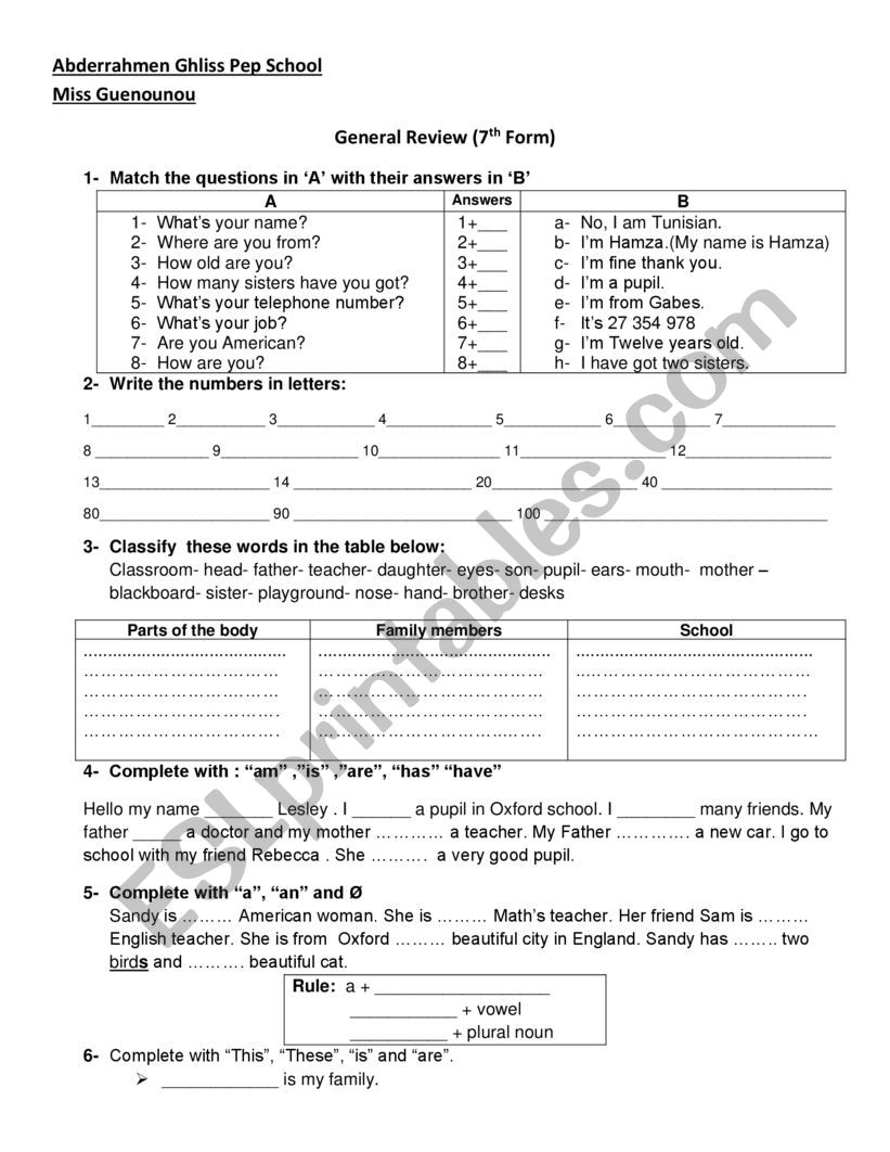 7th form General Review worksheet