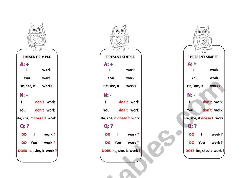 Present simple bookmark worksheet