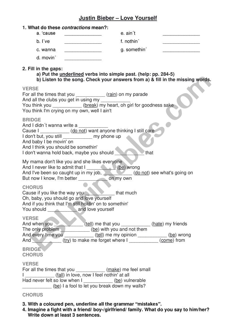 Love yourself (Justin Bieber) worksheet