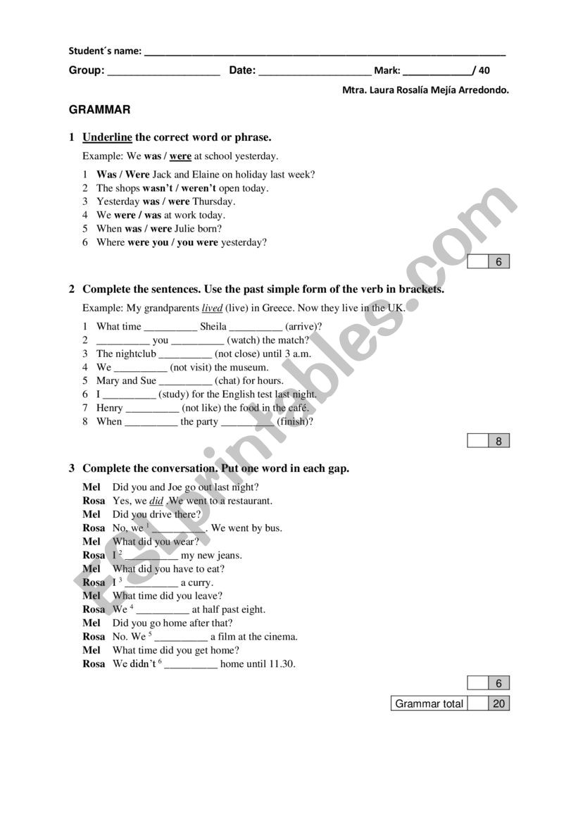 EXAM SIMPLE PAST worksheet