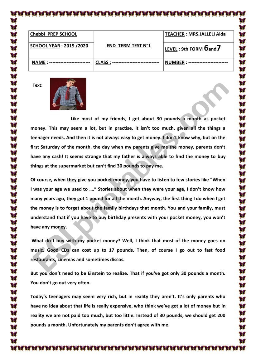 end term test 1 9th form worksheet