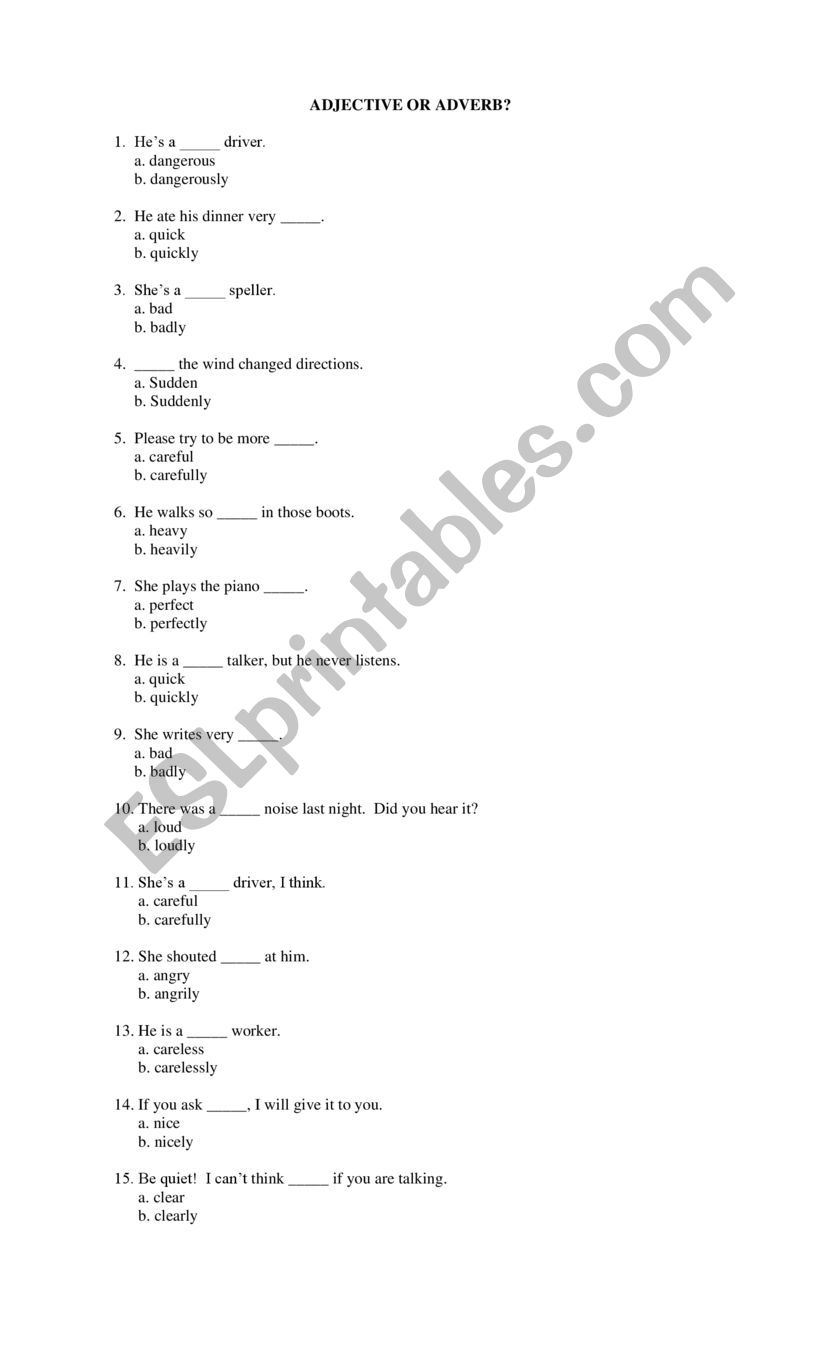 Adjective or Adverb worksheet