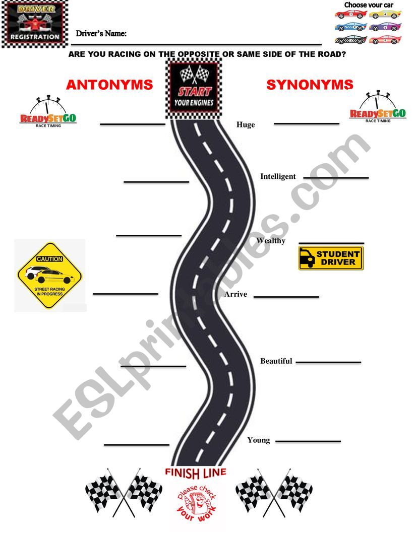 Antonym and Synonym Race  worksheet