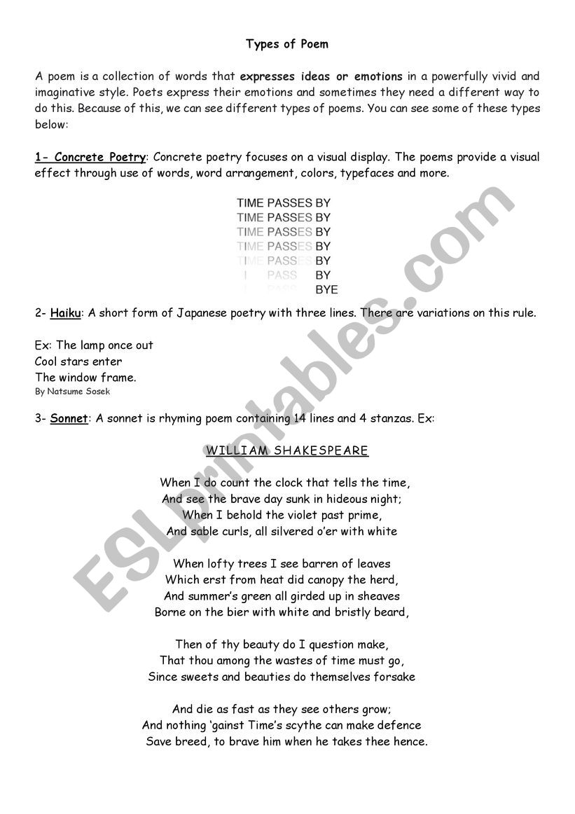 Types of poem  worksheet