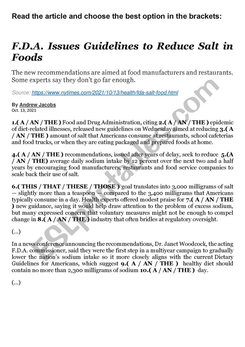 Articles and demonstratives worksheet
