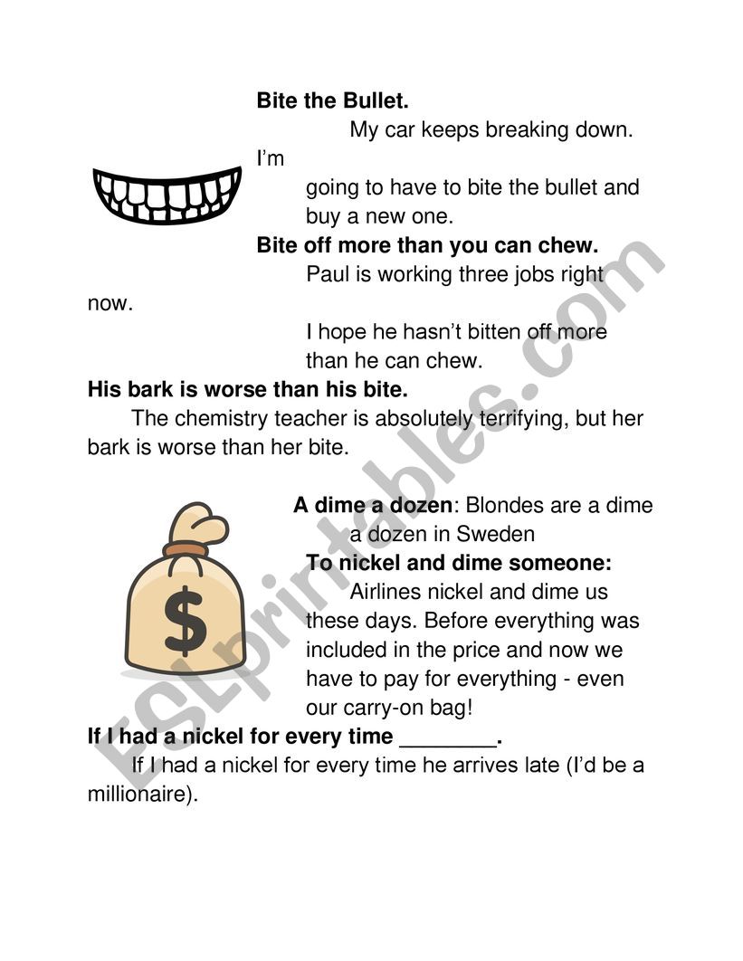Bite and money idioms worksheet