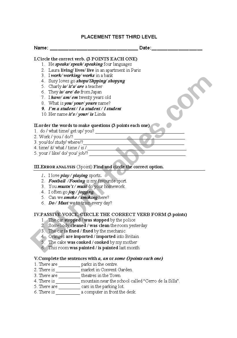 placement test worksheet