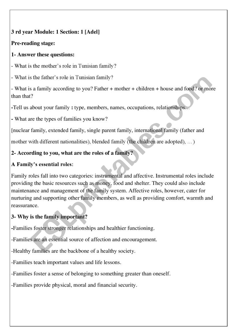 3 rd year Module 1 Section 1  worksheet